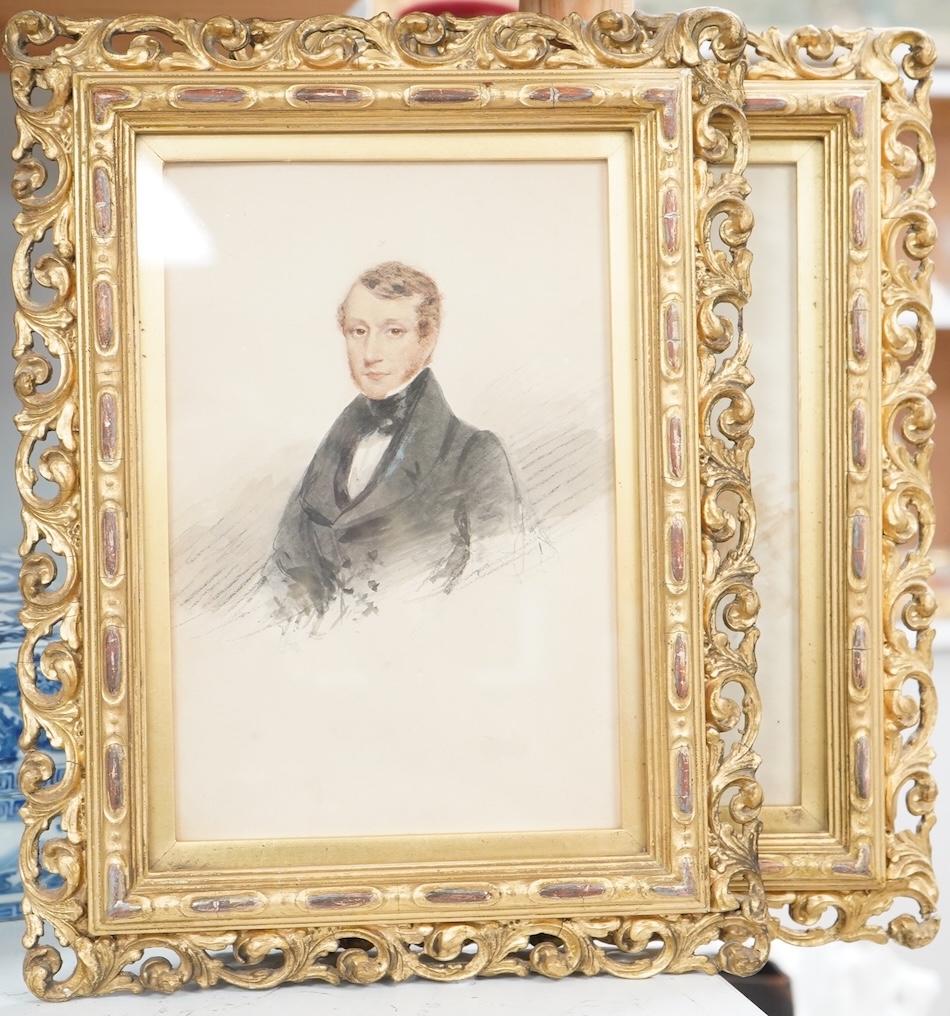 Early 19th century, English School, Portraits of a husband and wife, unsigned, pair of watercolours, 21 x 14cm, housed in Florentine style gilt frames